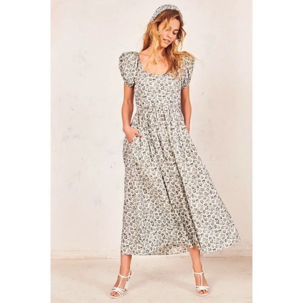NEW LOVESHACKFANCY LAIS FLORAL PUFF SLEEVE VINTAGE POPLIN DRESS WARM GREY